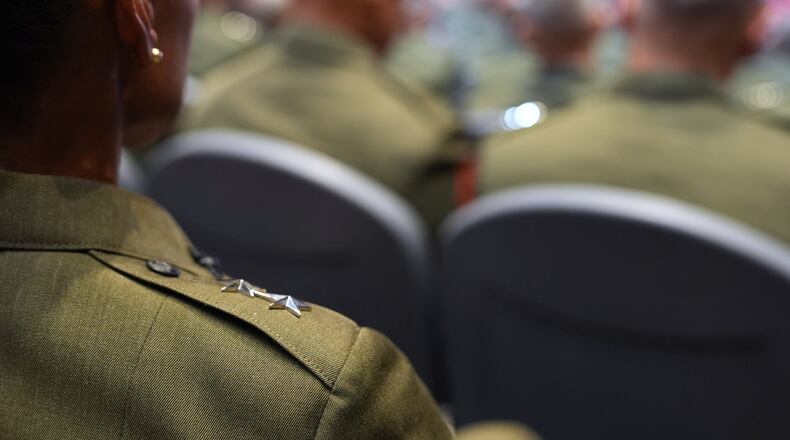 U.S. military senior leadership listen as President Donald Trump speaks at Marine Corps Base Quantico, Tuesday, Sept. 30, 2025 in Quantico, Va. (AP Photo/Evan Vucci)