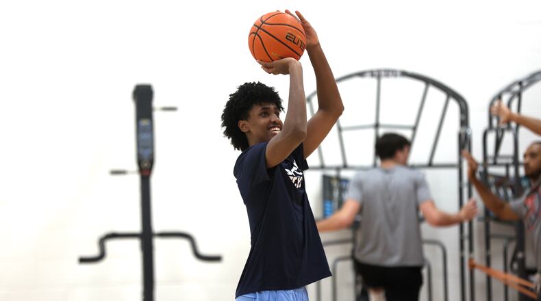 Dayton's Hamad Mousa shoots during a summer practice on Monday, July 22, 2024, at the Cronin Center. David Jablonski/Staff