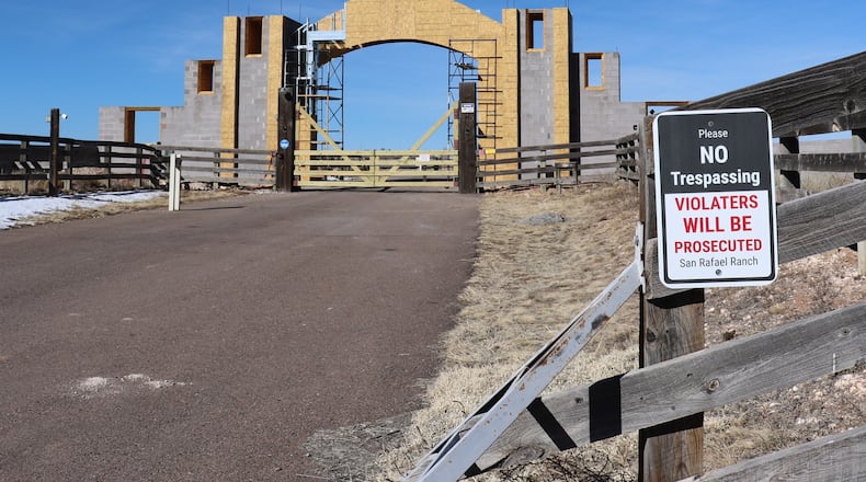 The entrance of the San Rafael Ranch, which was previously owned by Jeffrey Epstein and called the Zorro Ranch, is seen, Jan. 31, 2026, near Stanley, N.M. (AP Photo/Savannah Peters)