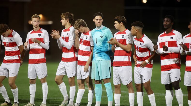 Dayton players are introduced before a game against Davidson in the quarterfinals of the A-10 tournament on Friday, Nov. 8, 2024, at Baujan Field in Dayton. David Jablonski/Staff