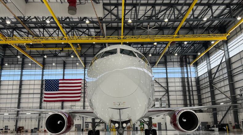 This is an airplane inside Sierra Nevada Corp.'s hangar at the company's Aviation Innovation and Technology Center located at the Dayton International Airport.