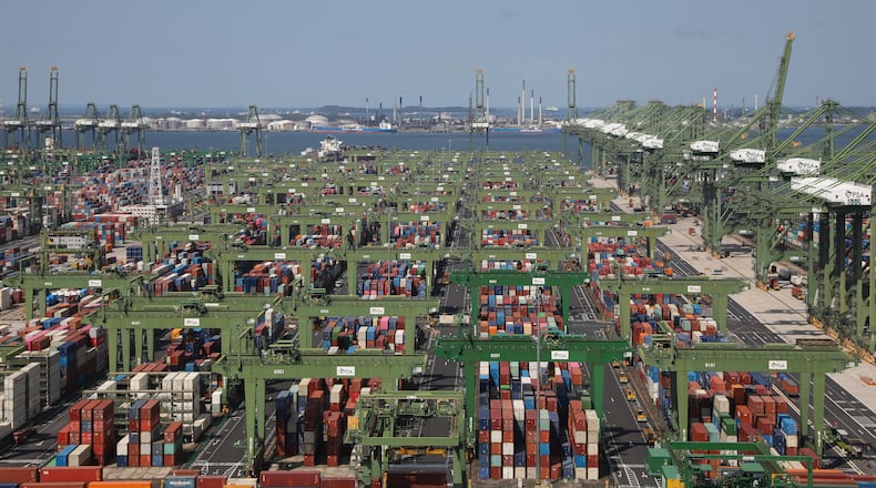 A view of the Port of Singapore Authority's Pasir Panjang Terminal is pictured on July 25, 2023. (AP Photo/Anton L. Delgado)