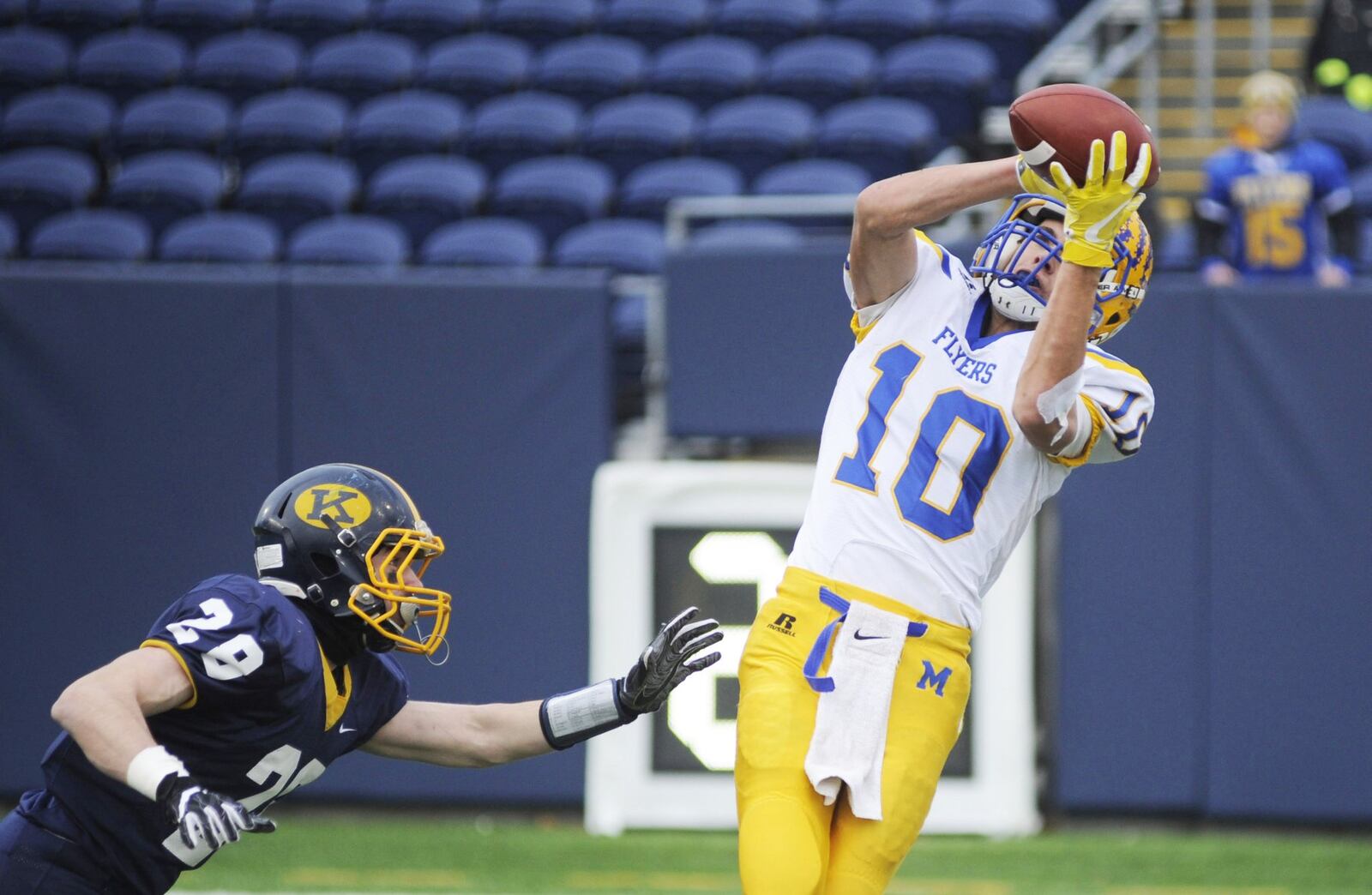 Marion Local’s Matt Rethman makes a long catch. Kirtland defeated Marion Local 16-7 in the D-VI high school football state championship at Canton’s Tom Benson Hall of Fame Stadium on Friday, Nov. 30, 2018. MARC PENDLETON / STAFF