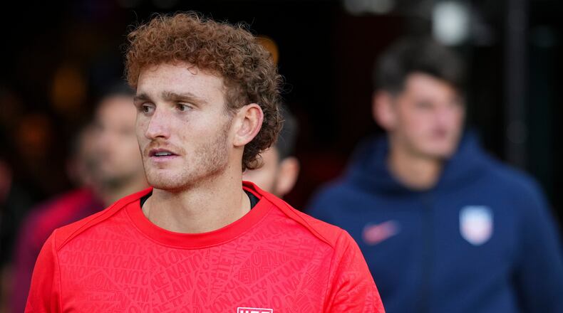 FILE - United States's Josh Sargent looks on prior to a friendly soccer match against Japan, Tuesday, Sept. 9, 2025, in Columbus, Ohio. (AP Photo/Jeff Dean, File)