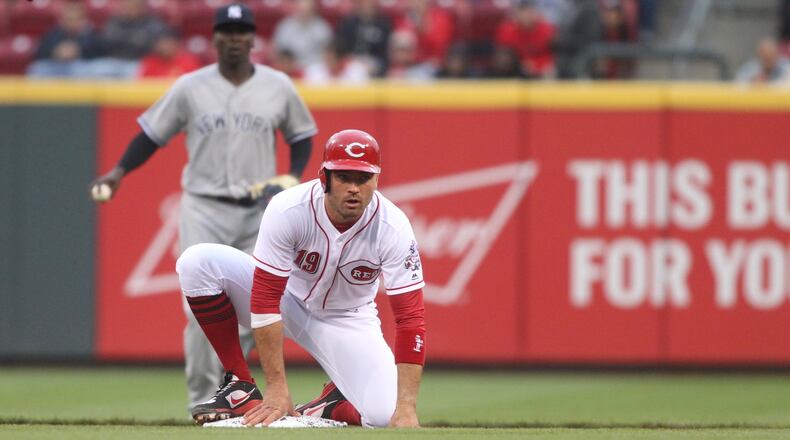 The Reds’ Joey Votto gets up after sliding into second base against the Yankees on Tuesday, May 9, 2017, at Great American Ball Park in Cincinnati. David Jablonski/Staff