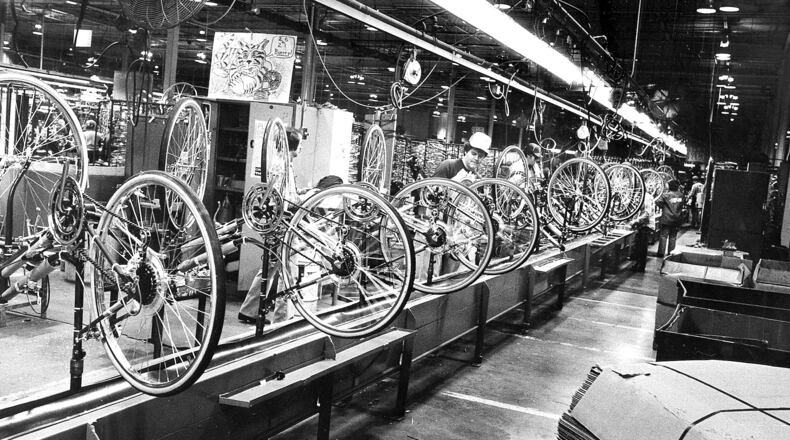 Almost finished bikes on the assembly line at what was Huffy’s Celina, Ohio plant in 1986. FILE