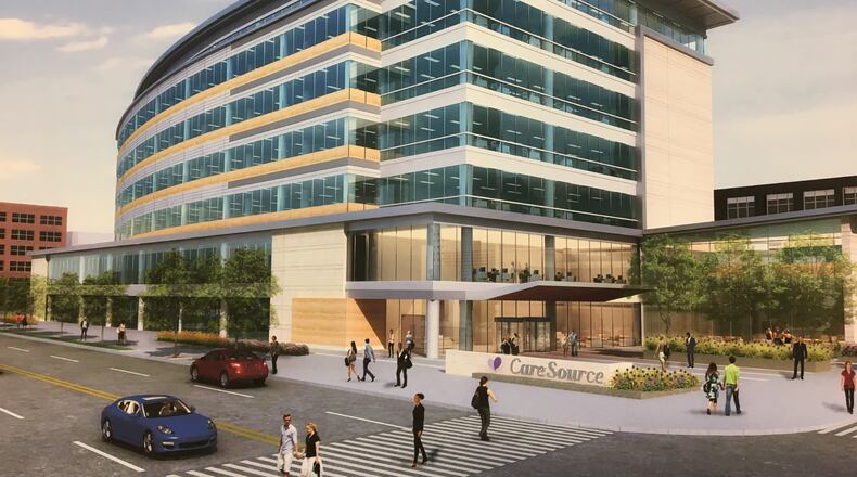 A photo of an artist rendering of the new CareSource office tower planned for the 100 block of East First Street. CORNELIUS FROLIK / STAFF