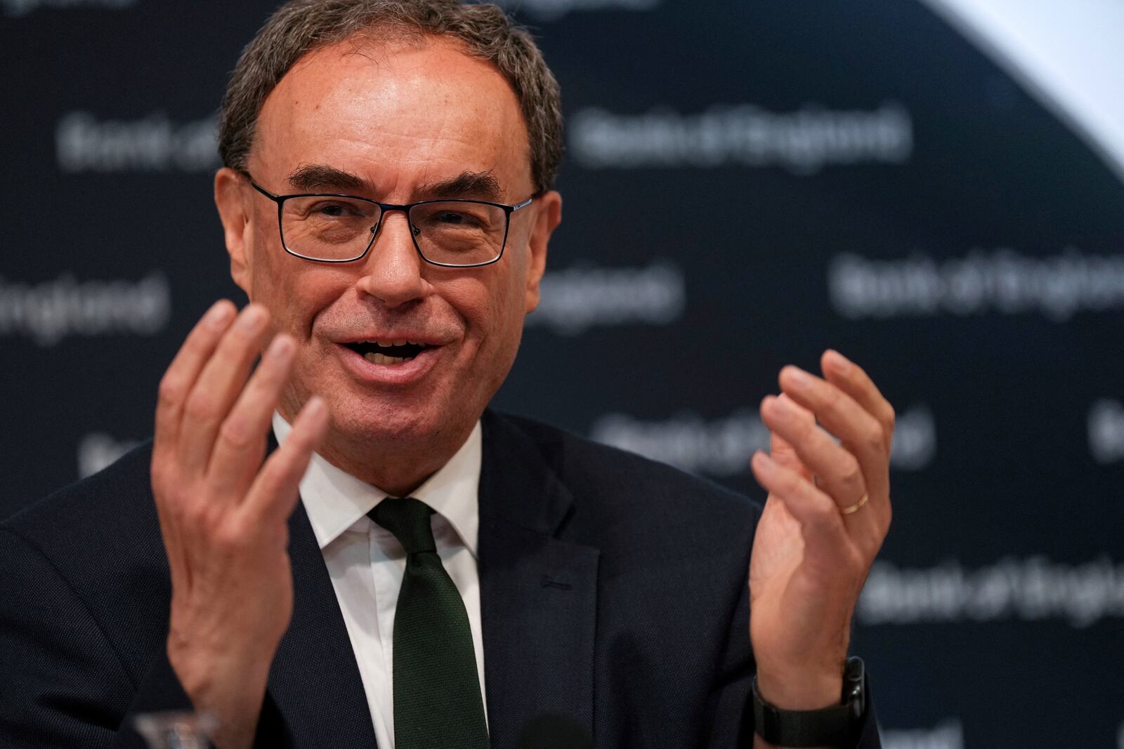 Bank of England Governor Andrew Bailey gestures, during the Monetary Policy Report press conference in London, Thursday, May 8, 2025. (Carlos Jasso/Pool Photo via AP)