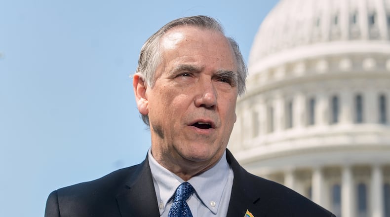 FILE - Sen. Jeff Merkley, D-Ore., speaks during a news conference on the Equality Act at the Capitol, April 29, 2025, in Washington. (AP Photo/Rod Lamkey, Jr., File)