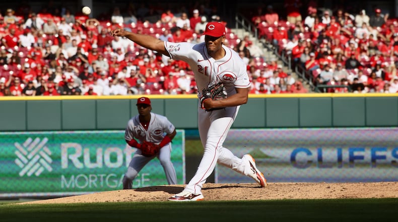 Reds starter Hunter Greene pitches against the Pittsburgh Pirates on Opening Day on Thursday, March 30, 2023, at Great American Ball Park in Cincinnati. David Jablonski/Staff