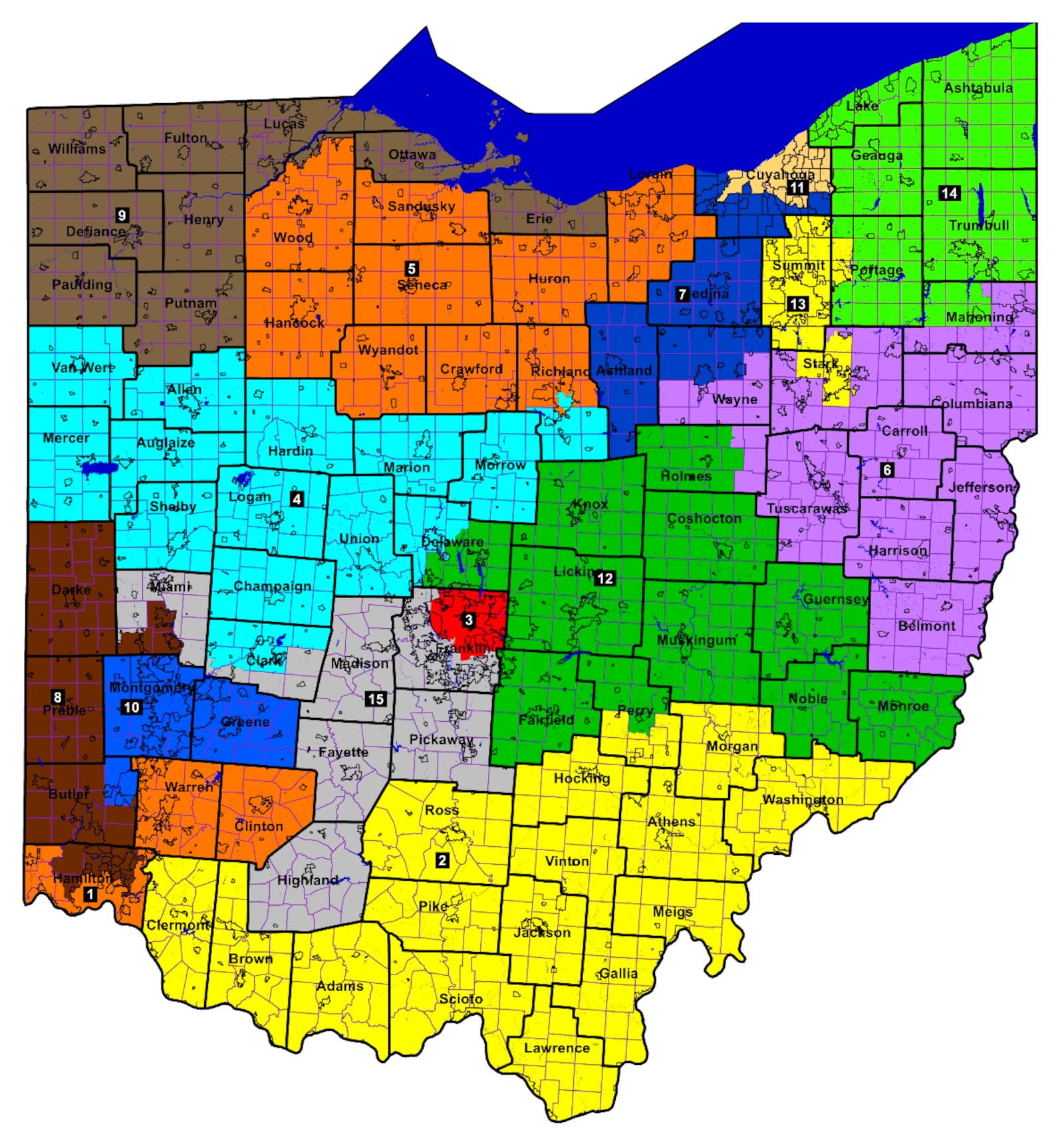 Images of the proposed map from the Ohio Redistricting Commission, which was tasked with redrawing the state's 15 congressional maps. The plan creates a 12-to-3 advantage for Republicans, on paper.
