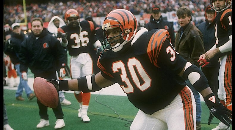 8 Jan 1989: Running back Ickey Woods of the Cincinnati Bengals celebrates during a playoff game against the Buffalo Bills at Riverfront Stadium in Cincinnati, Ohio. The Bengals won the game, 21-10.