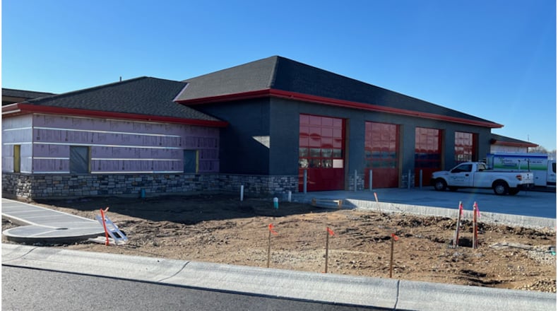 Exterior construction is nearing completion at the new JEMS/Carlisle Fire Station. Now that the station is under roof, work is continuing on the interior of the $6.1 million project. Officials said the new station is targeted to open in late March/early April. ED RICHTER/STAFF
