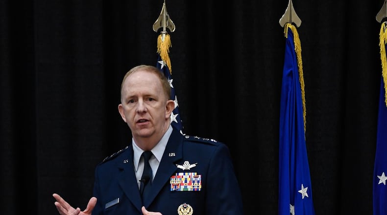 Lt. Gen. Robert D. McMurry, Air Force Life Cycle Management Center commander, delivers a State of LCMC address at a luncheon Jan. 25 at the Doubletree Bedford Glen Hotel, Bedford, Massachusetts. McMurry discussed priorities of Air Force leadership and provided a review of programs of interest with local impact to Hanscom Air Force Base and surrounding communities. (U.S. Air Force photo/Mark Herlihy)