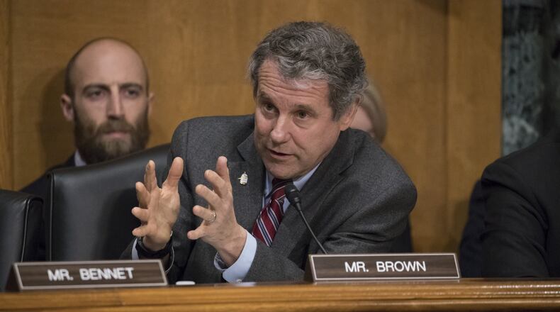 Senate Finance Committee member Sen. Sherrod Brown, D-Ohio questions Treasury Secretary-designate Steven Mnuchin, on Capitol Hill in Washington, Thursday, Jan. 19, 2017, during his confirmation hearing before the committee. (AP Photo/J. Scott Applewhite)