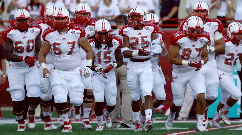The Miami Redhawks’ defense takes the field in the first quarter against Cincinnati on Saturday, Sept, 21, 2013, at Yager Stadium in Oxford. Kareem Elgazzar | WCPO Cincinnati