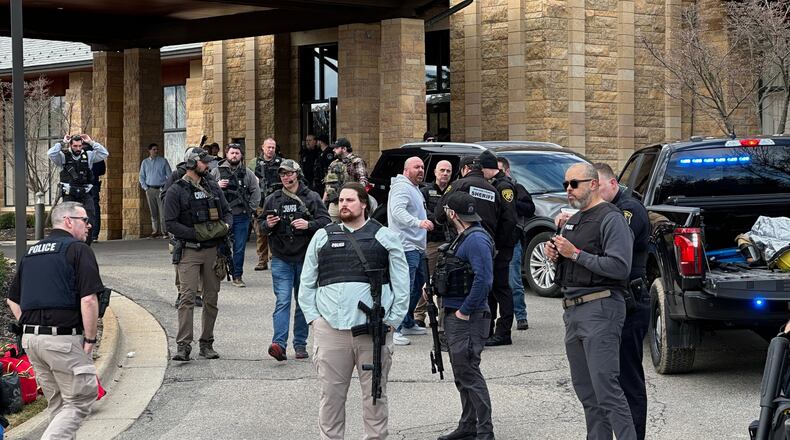 Law enforcement respond to a call at Temple Israel synagogue, Thursday, March 12, 2026 in West Bloomfield Township, Mich. (AP Photo/Corey Williams)