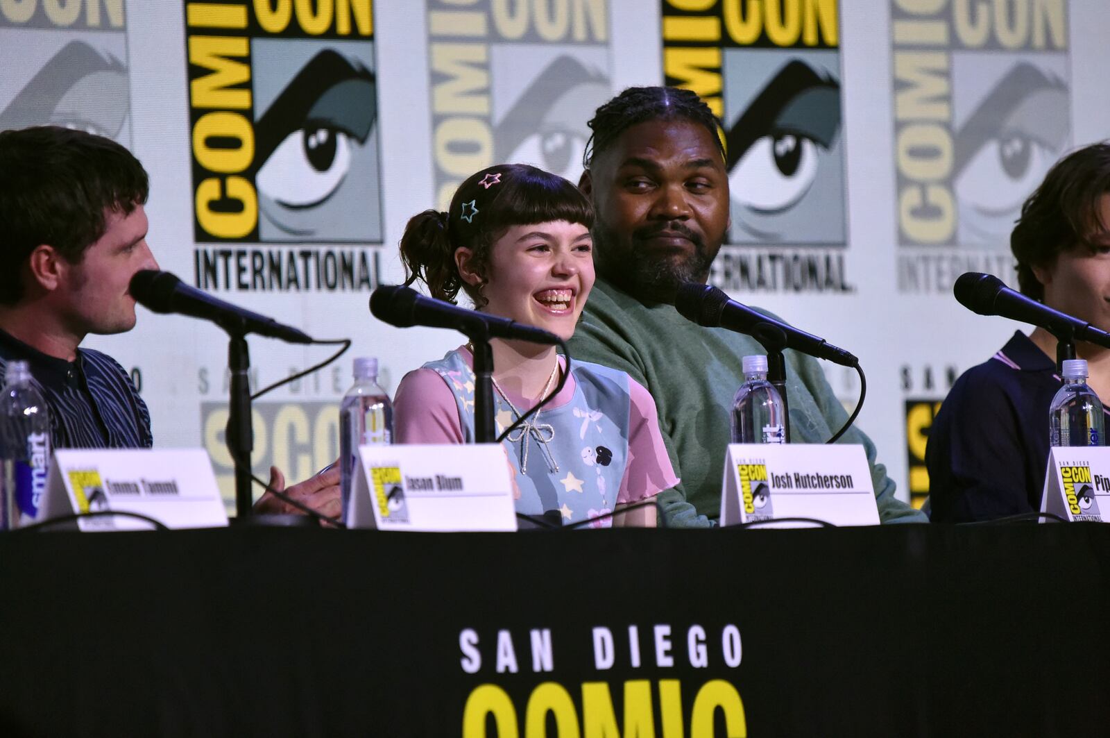 Josh Hutcherson, from left, Piper Rubio, Theodus Crane, and Teo Briones attend a panel for "Five Nights at Freddy's 2" during Comic-Con International on Thursday, July 24, 2025, in San Diego. (Photo by Richard Shotwell/Invision/AP)