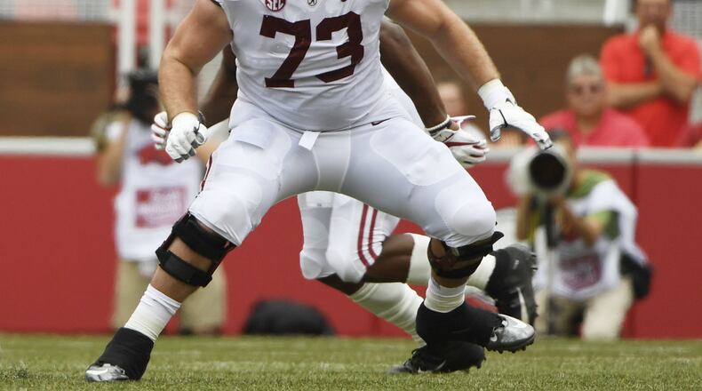 FILE - In this Oct. 6, 2018, file photo, Alabama offensive lineman Jonah Williams sets up to block against Arkansas in the second half of an NCAA college football game, in Fayetteville, Ark. Williams is a possible in the 2019 NFL Draft. (AP Photo/Michael Woods, File)