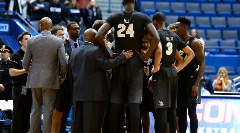 in the first half of an NCAA college basketball game, Sunday, Jan. 8, 2017, in Hartford, Conn. (AP Photo/Jessica Hill)