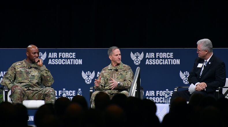 Air Force Chief of Staff Gen. David L. Goldfein and Chief Master Sergeant of the Air Force Kaleth O. Wright participate in a discussion during the Air Force Association’s Air Warfare Symposium, in Orlando, Fla., Feb. 27. The three-day event is a professional development forum that offers the opportunity for Department of Defense personnel to participate in forums, speeches, seminars and workshops with defense industry professionals. (U.S. Air Force photo/Wayne Clark)