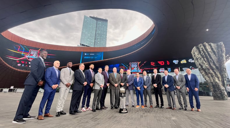 Dayton's Anthony Grant, far left, poses for a photo with other coaches at Atlantic 10 Conference Media Day on Tuesday, Oct. 17, 2023, at the Barclays Center in Brooklyn, N.Y. David Jablonski/Staff