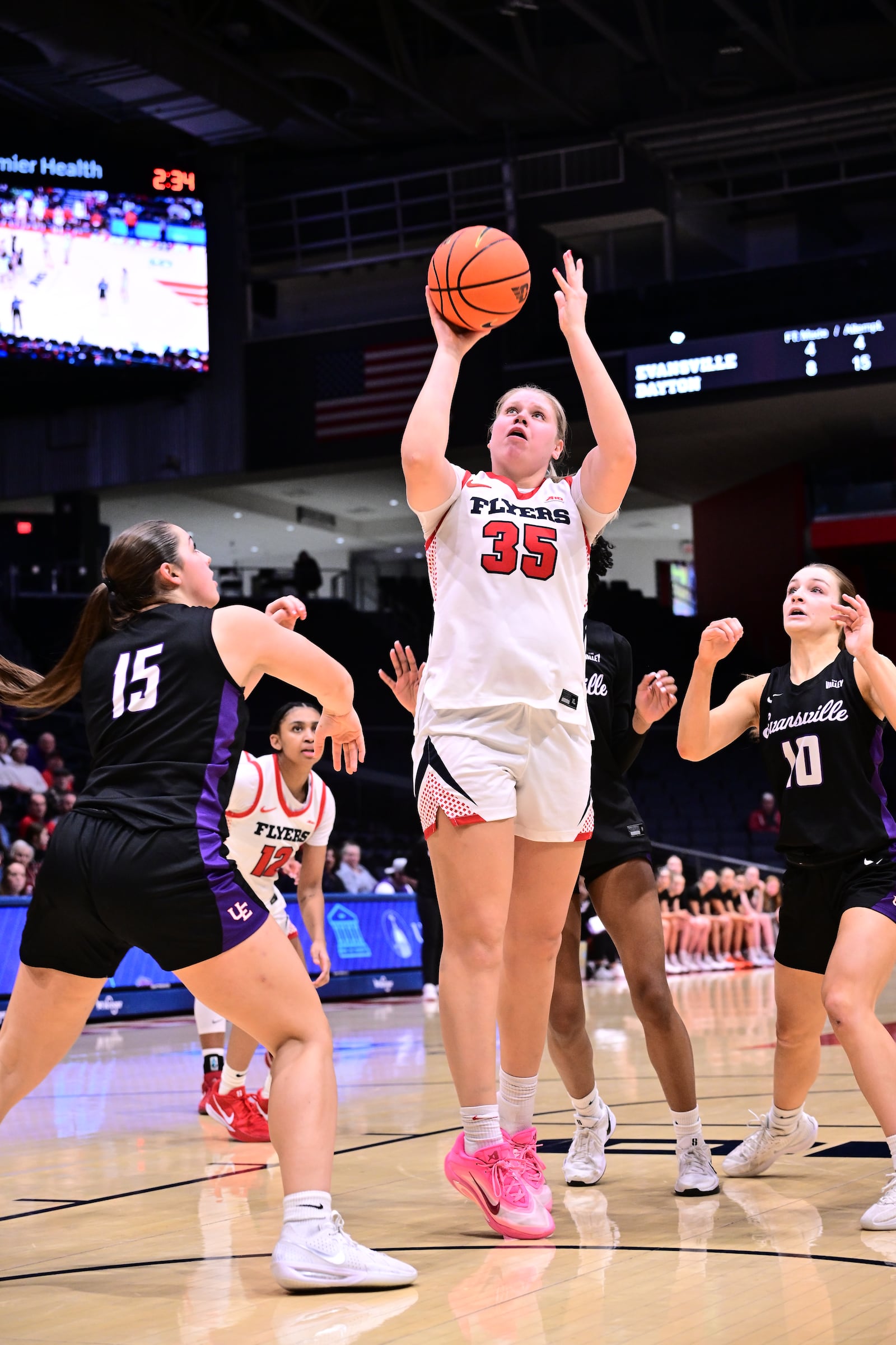 University of Dayton sophomore Molly O'Riordan had nine points, nine rebounds, two blocked shots two steals and an assist in the Flyers 75-66 victory over Evansville on Sunday, Dec. 21 at UD Arena. ERIK SCHELKUN / UNIVERSITY OF DAYTON ATHLETICS