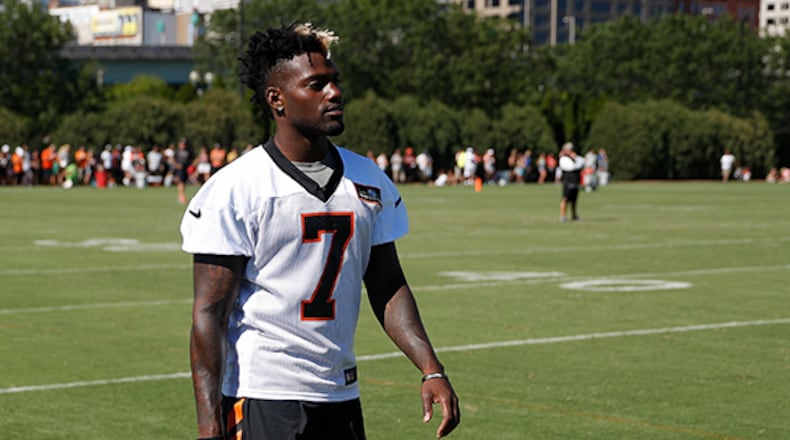Cincinnati Bengals kicker Jonathan Brown walks the sidelines during an NFL football training camp, Saturday, July 29, 2017, in Cincinnati. (AP Photo/John Minchillo)