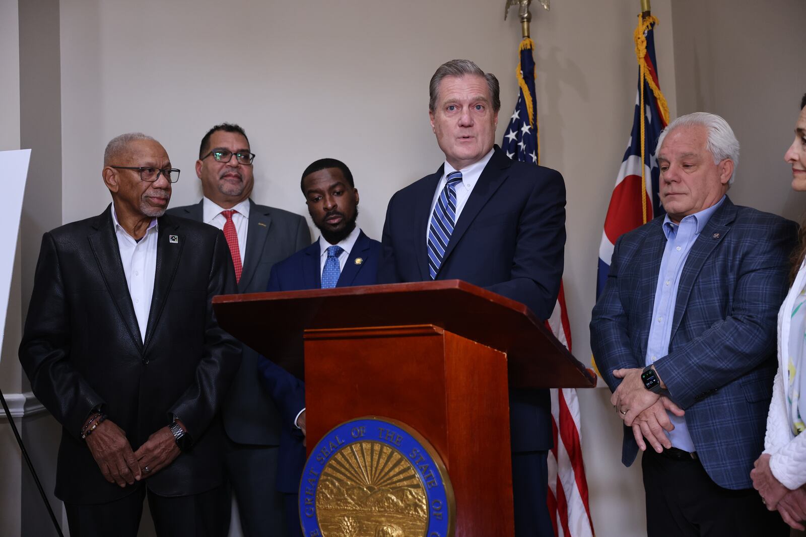 U.S. Rep. Mike Turner, R-Dayton, speaks during a press conference on Monday, Jan. 5, 2026 in downtown Dayton to discuss how local agencies and organizations can collaborate next summer to slow crime in Dayton. BRYANT BILLING / STAFF