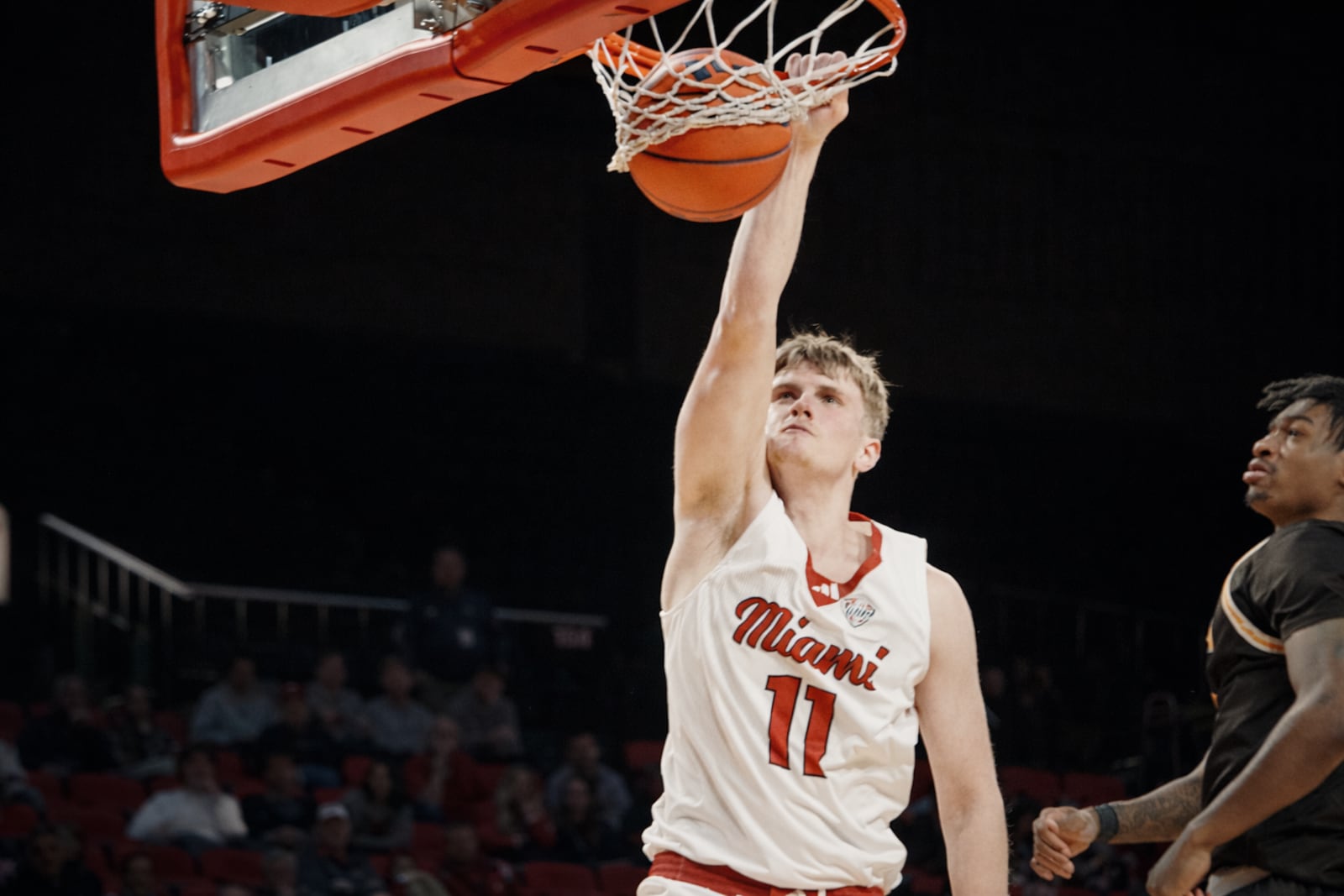 Miami’s Almar Atlason slams one home against Western Michigan on Tuesday night at Millett Hall. CHRIS VOGT / CONTRIBUTED