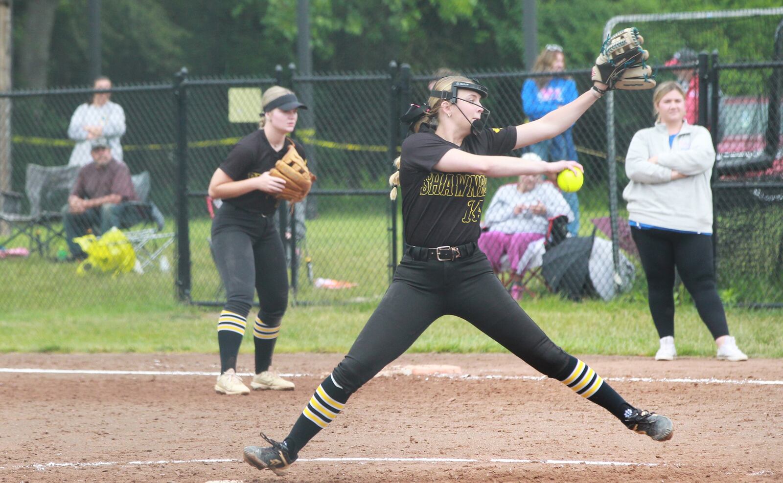 Aleeseah Trimmer pitches for Shawnee in the Division V softball regional semifinals at Centerville May 28, 2025.
