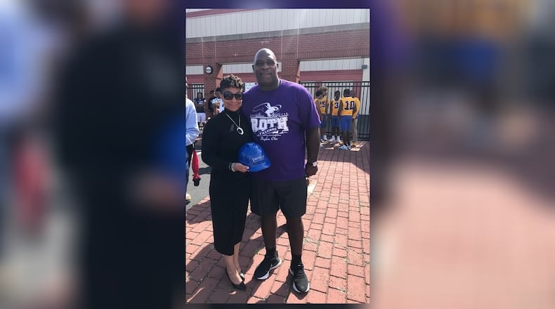 Two Dayton Public School products: Victoria Jones, Dayton Pubic Schools athletics director who once starred at Patterson Co-Op and played basketball Dayton Flyers before a successful college coaching career at Tuesday's groundbreaking ceremony for the renovation of Welcome Stadium with Keith Byars, once a star running back at Roth High who went on to All America honors at Ohio State and played 13 years in NFL. (Photo by Tom Archdeacon)