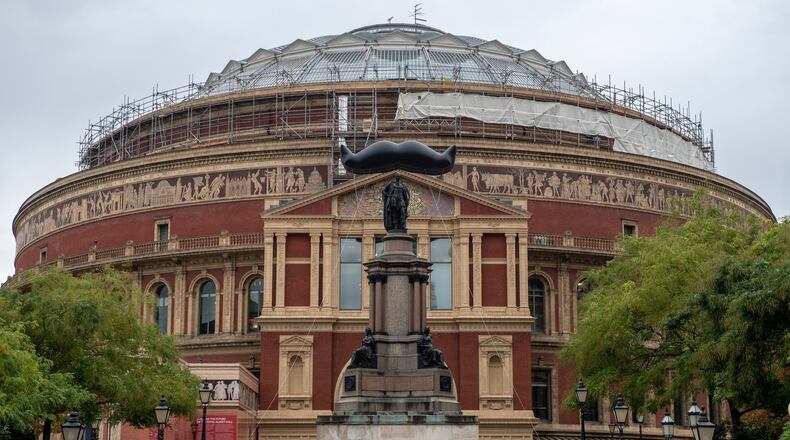 LONDON, ENGLAND - Men’s health charity the Movember Foundation flies an inflatable moustache in front of the Royal Albert Hall on Nov. 1, 2018, in London, England. Moustaches have been appearing as Movember launches their 2018 campaign to stop men dying too young. (Photo by Chris J Ratcliffe/Getty Images)