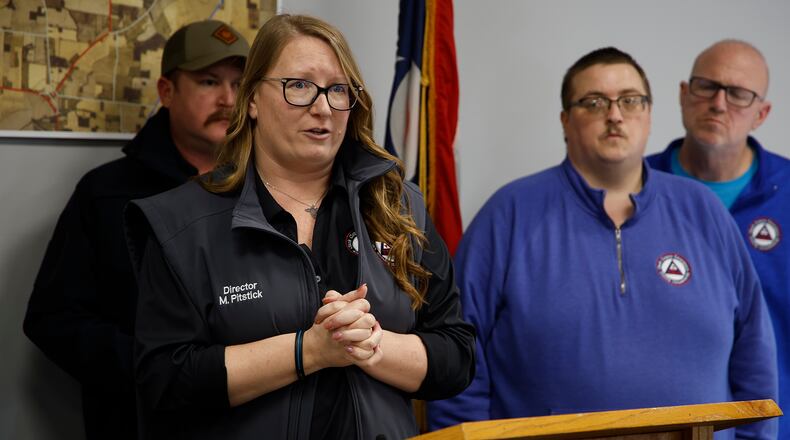 Michelle Clements-Pitstick, director of the Clark County Emergency Management Agency, gives an update Thursday, Feb. 29, 2024 on the tornado damage in the county. BILL LACKEY/STAFF