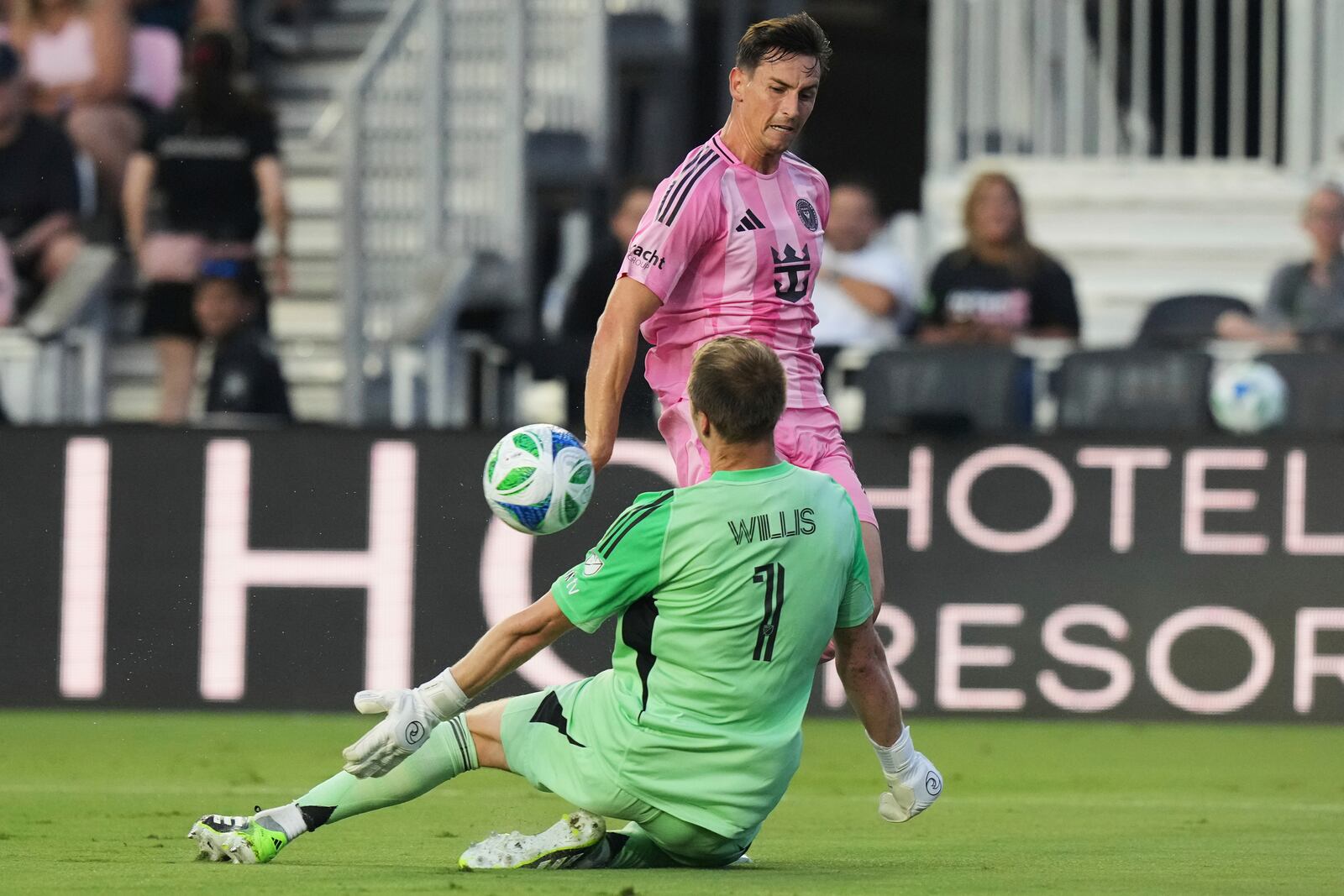 Nashville SC goalkeeper Joe Willis (1) saves a shot on the goal by Inter Miami forward Tadeo Allende during the first half of an MLS soccer match, Saturday, July 12, 2025, in Fort Lauderdale, Fla. (AP Photo/Lynne Sladky)
