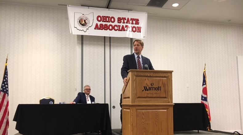 Richard Cordray, Democratic candidate for Ohio governor, spoke to the Ohio State Plumbers & Pipefitters Convention at the Dayton Marriott on Thursday. THOMAS GNAU/STAFF