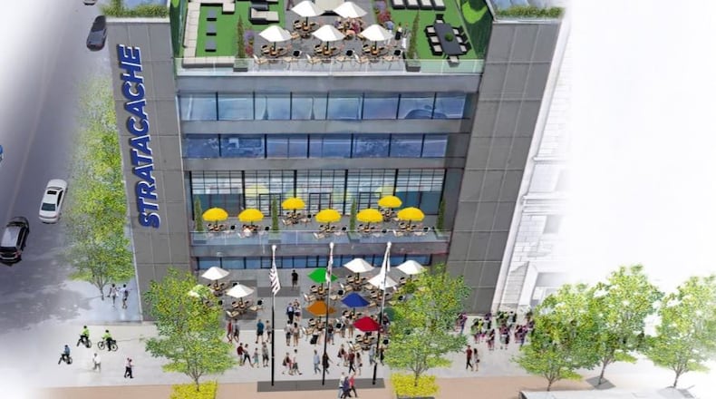 An artist’s rendering of the rooftop restaurant planned stop the lower tower at Stratacache Tower. CONTRIBUTED