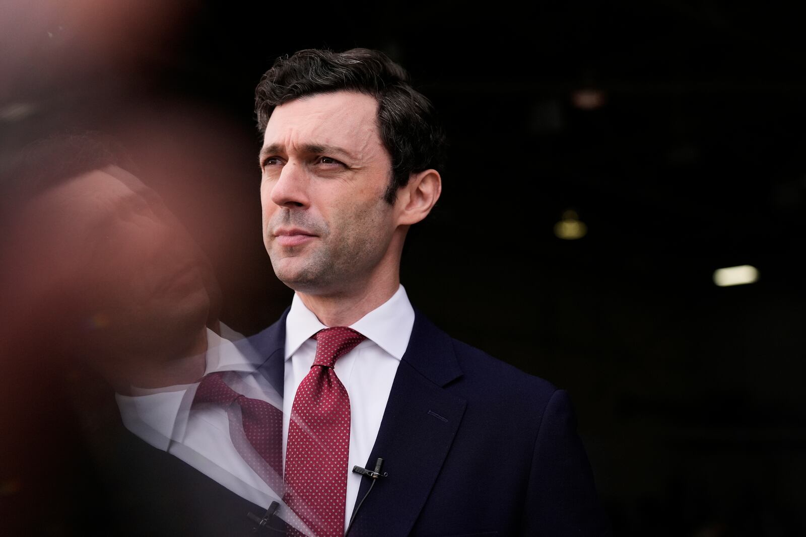 Sen. Jon Ossoff, D-Ga., speaks during an interview at Dobbins Air Reserve Base, Saturday, April 26, 2025, in Marietta, Ga. (AP Photo/Brynn Anderson)