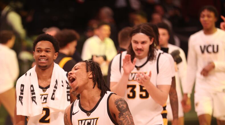 Virginia Commonwealth's Ace Baldwin celebrates after a victory against Saint Louis in the semifinals of the Atlantic 10 Conference tournament on Saturday, March 11, 2023, at the Barclays Center in Brooklyn, N.Y. David Jablonski/Staff