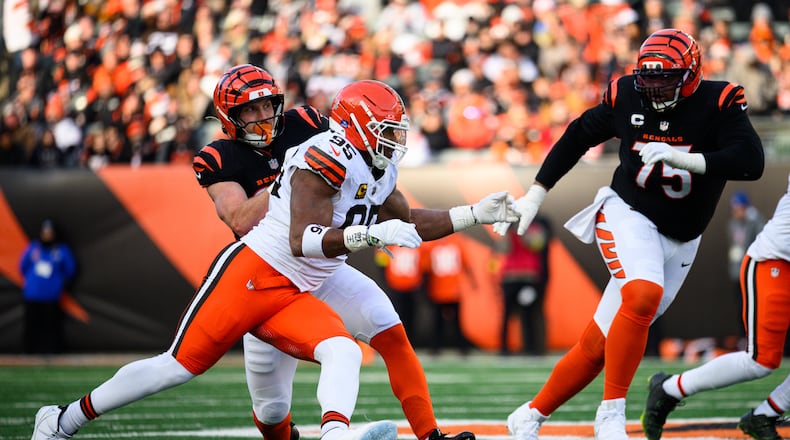 Myles Garrett rushes in the fourth quarter. 01.04.25 Cleveland Browns vs Cincinnati Bengals
