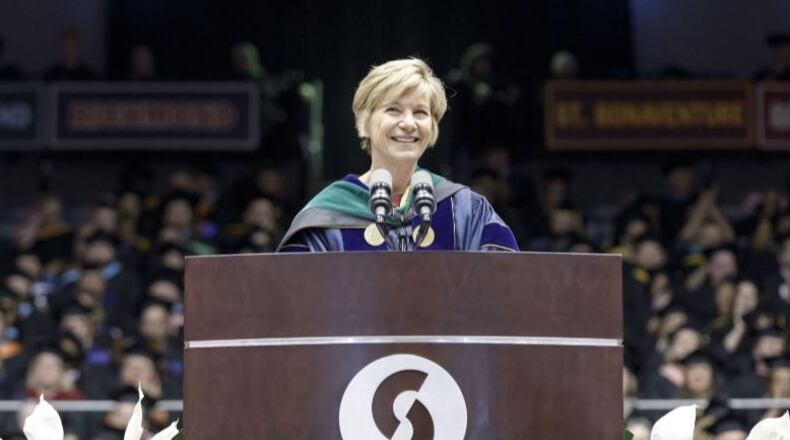 Sue Desmond-Hellmann, CEO of the Bill and Melinda Gates Foundation, spoke Sunday at the Sinclair Community College graduation. ANDY SNOW/PHOTO