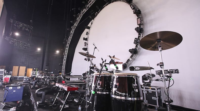 Staging for the Brit Floyd season opening show at the Rose Music Center.  The Stuart and Mimi Rose Music Center at The Heights is in its third season after opening in 2015.  The music venue seats 4,200 in a covered amphitheater in Huber Heights.   TY GREENLEES / STAFF