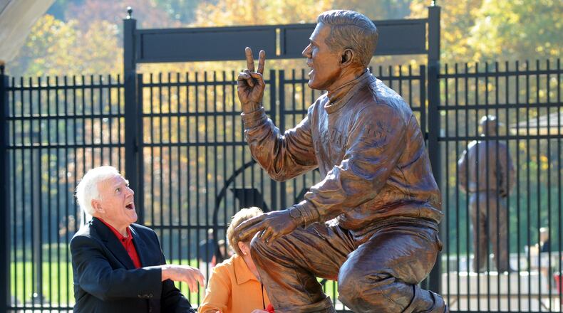 Ara Parseghian reacts at the unveiling of his statue during a ceremony for the Cradle of Coaches before Miami University’s football game against Army on Saturday, Oct. 8, 2011 at Yager Stadium in Oxford. The RedHawks defeated Army 35-28. Staff photo by Samantha Grier.