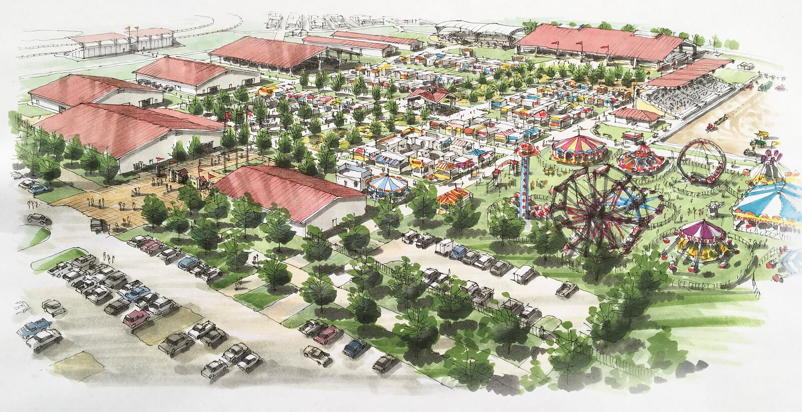 Plans unveiled Monday for the new Montgomery County Fairgrounds site in Jefferson Twp. call for three air-conditioned and heated buildings to keep and attract year-round events. Seven buildings and an office are planned during the first phase of development to begin next month. SUBMITTED BY MONTGOMERY COUNTY AGRICULTURAL SOCIETY