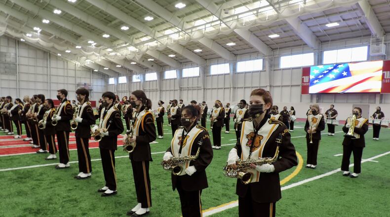 The Kenton Ridge High School Marching Band as they recorded their performance on Jan. 13 at Wittenberg University for the Inauguration Parade. CONTRIBUTED