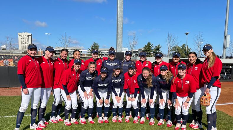 The Dayton softball team celebrates a victory against Ohio on March 4, 2023, in Richmond, Ky. Photo courtesy of UD