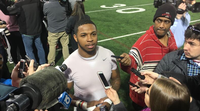 Ohio State's Antonio Williams talks to reporters on Monday, April 9, 2018, at the Woody Hayes Athletic Center in Columbus. David Jablonski/Staff