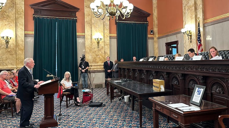 Citizens Not Politicians attorney Don McTigue addresses members of the Ohio Ballot Board at the Ohio Statehouse in Columbus, Ohio, on Friday, Aug. 16, 2024. (AP Photo/Julie Carr Smyth)