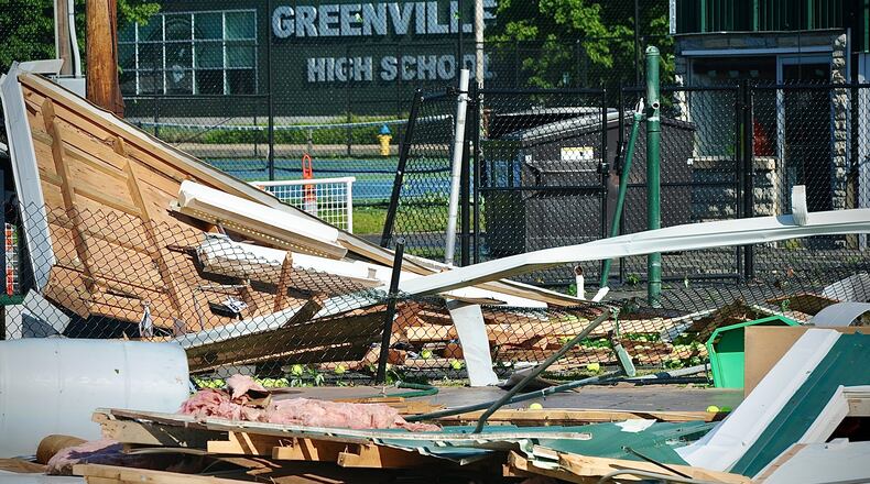 Storm damage at Harmon Field at Greenville High School after Tuesday night storms on May 7, 2024 hit the area.MARSHALL GORBY \STAFF