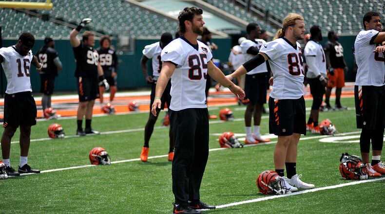 Cincinnati Bengals tight end Tyler Eifert stretches prior to the start of Wednesday’s minicamp practice. JAY MORRISON/STAFF